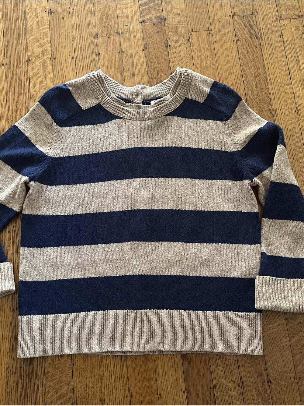 Lands' End Canvas Navy and Beige Striped Crew Sweater
